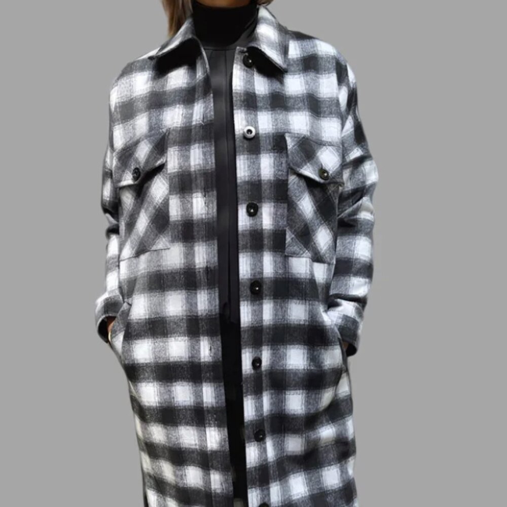 Lodge Coat PERIPHONY | Black and Cream Check Flannel Coat | Size S